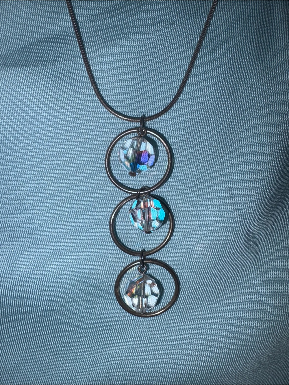 Mary Levesque  VTG sterling Silver iridescent   crystal dangle 3 ring Necklace